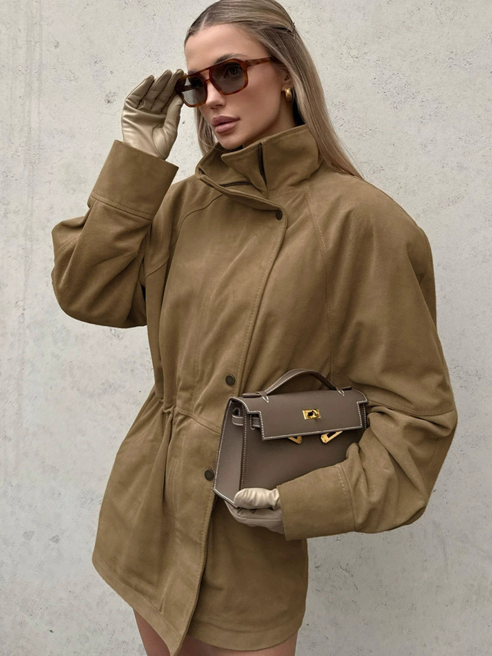 ZARA Elegant Chic Loose Winter High Neck Cinched Waist Suede Midi Jacket